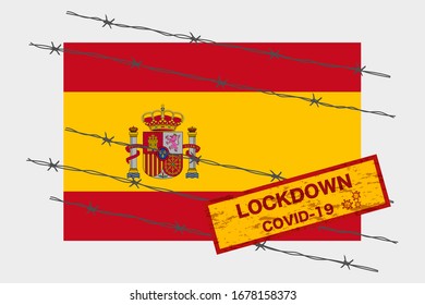 Bandera española con seguridad de advertencia de bloqueo de señalización debido a la crisis del coronavirus covid-19 diseño de la enfermedad con el vector de aislamiento con cable de la barba