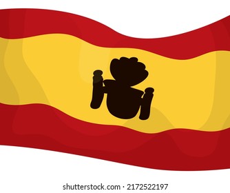 Spain flag with the silhouette of coat of arms in cartoon style, over white background.