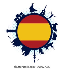 spain flag and silhouette landmarks