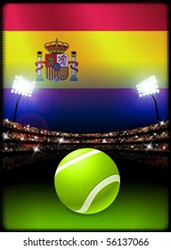 Spain Flag and Tennis Ball on Stadium Background Original Illustration
