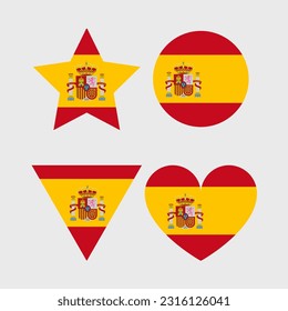 Spain flag vector icons set of illustrations in the shape of heart, star, circle and map
