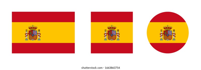 Spain Flag Vector - National Flag of Spain With Exact Size Proportion and Colors Included Spain Flag Icons in Circle and Square Shape