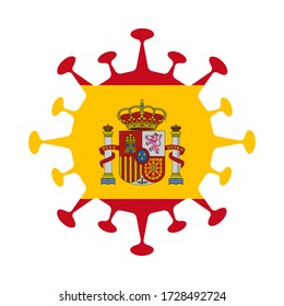 Spain flag in virus shape, symbolizing COVID-19 impact.
