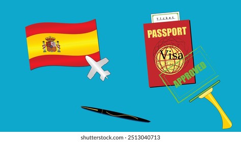 Spain flag with white plane icon. Passport with visa approved stamp. Black stylish Pen. Spain Travel poster. Editable vector EPS available