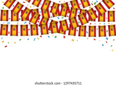 Spain flags garland white background with confetti, Bunting for Spanish independence Day celebration template banner, Vector illustration