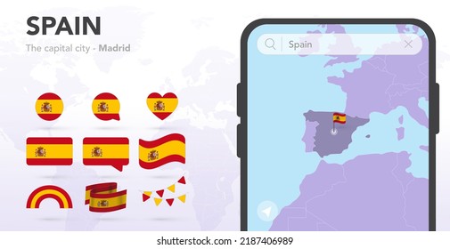 Spain flags set. Mobile map application, Smartphone search. Map and capital city. World ribbon flags. Vector set. Collection of national symbols. Bubble speech, circle, heart, rainbow icons. Madrid