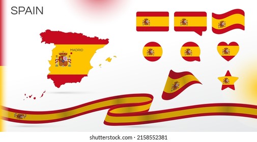 Spain flags set. Various designs. Map and capital city. World flags. Vector set. Circle icon. Template for independence day. Collection of national symbols. Ribbon with the colors of the flag. Madrid