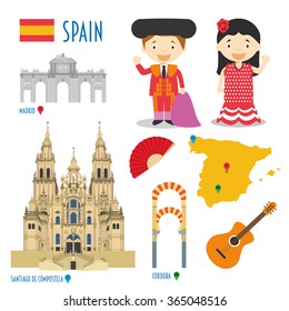 Spain Flat Icon Set Travel and tourism concept. Vector illustration