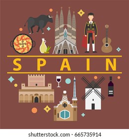 Spain flat illustration vector. Landmark, symbol, culture and travel