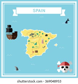 Spain flat treasure map. Colorful cartoon treasure map of Spain with flat icons of pirate ship, jolly roger, treasure chest and banner ribbon. Flat design vector illustration.