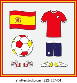 Spain Football Cartoon Vector Illustration. Football Jersey And Football Ball Flat Icon Outline