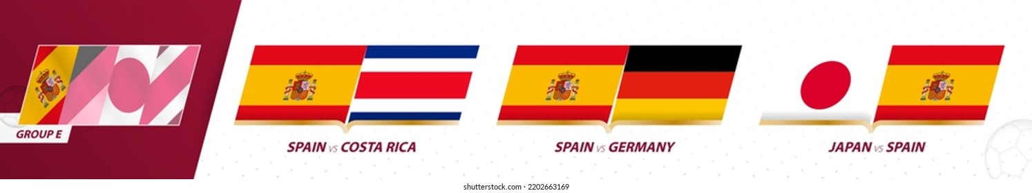 Spain football team games in group E of International football tournament 2022. Sport vector icon set.