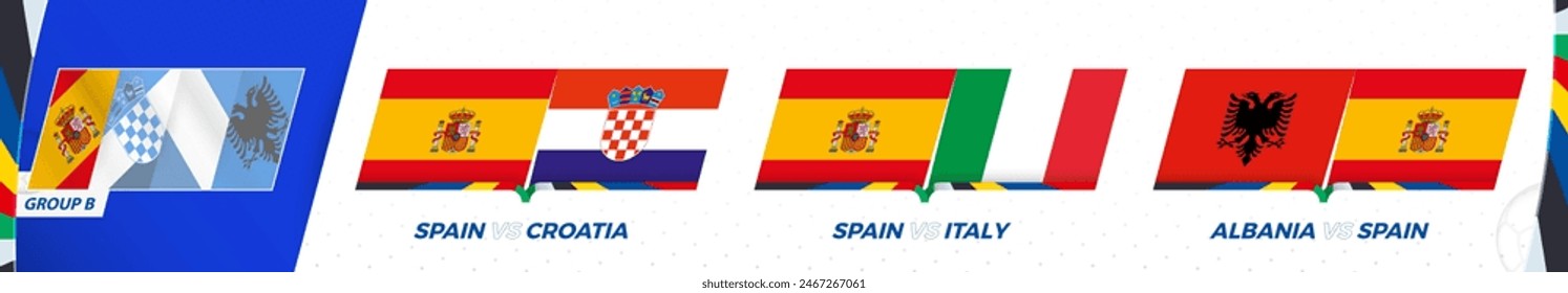 Spain football team games in group B of International football tournament. Sport vector icon set.