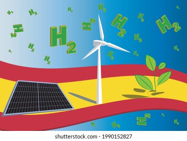 Spain at the forefront of renewable energies, photovoltaic, wind and biomass generators of H2 or green hydrogen. Solar panels, wind turbine and sustainable energy plant in Spain