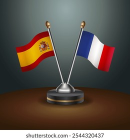 Spanien und Frankreich Tischfahnen Beziehung mit Farbverlauf-Hintergrund. Vektorgrafik