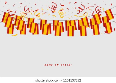 Spain garland flag with confetti on gray background, Hang bunting for Spanish celebration template banner. vector