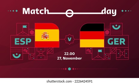 Spain germany match Football 2022. 2022 Weltfußball-Weltmeisterschaftsspiel gegen Mannschaften auf Sporthintergrund, Meisterschaftspopster, Vektorgrafik.