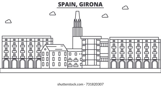 Spain, Girona architecture line skyline illustration. Linear vector cityscape with famous landmarks, city sights, design icons. Landscape with editable strokes