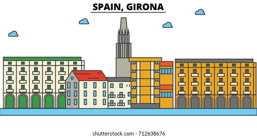 Spain, Girona. City skyline: architecture, buildings, streets, silhouette, landscape, panorama, landmarks. Editable strokes. Flat design line vector illustration concept. Isolated icons set