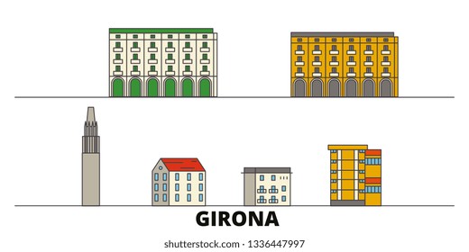 Spain, Girona flat landmarks vector illustration. Spain, Girona line city with famous travel sights, skyline, design. 