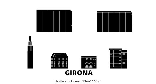 Spain, Girona flat travel skyline set. Spain, Girona black city vector illustration, symbol, travel sights, landmarks.
