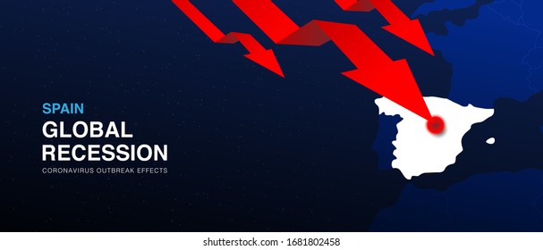 Spain global recession design vector background template with red arrow graph. Coronavirus outbreak effects on world economic. Covid-19 pandemic