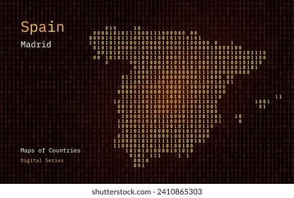 Spain Gold Map Shown in Binary Code Pattern. Matrix numbers, zero, one. World Countries Vector Maps. Digital Series	