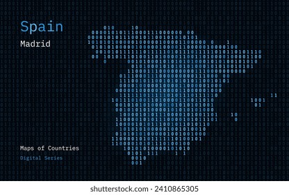 Spain Gold Map Shown in Binary Code Pattern. Matrix numbers, zero, one. World Countries Vector Maps. Digital Series	