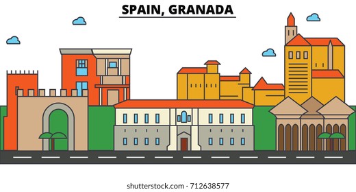 Spain, Granada. City skyline: architecture, buildings, streets, silhouette, landscape, panorama, landmarks. Editable strokes. Flat design line vector illustration concept. Isolated icons set