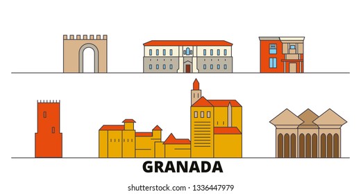 Spain, Granada flat landmarks vector illustration. Spain, Granada line city with famous travel sights, skyline, design. 