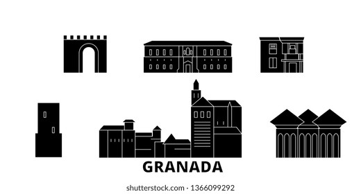 Spain, Granada flat travel skyline set. Spain, Granada black city vector panorama, illustration, travel sights, landmarks, streets.