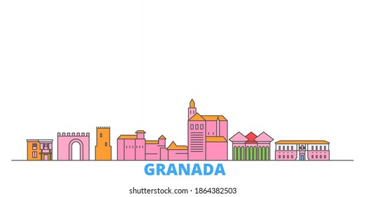 Spain, Granada line cityscape, flat vector. Travel city landmark, oultine illustration, line world icons