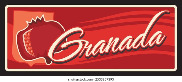 Espanha Granada, sinal de estanho retro com romã, vetor. Sinal de estrada de boas-vindas da cidade espanhola com slogan, símbolo de ponto de referência e emblema de bandeira na sinalização metálica. Comunidade Autônoma da Andaluzia, Espanha