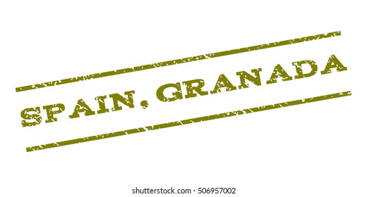 Spain Granada watermark stamp. Text caption between parallel lines with grunge design style. Rubber seal stamp with dust texture. Vector olive color ink imprint on a white background.
