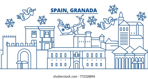 Spain, Granada winter city skyline. Merry Christmas, Happy New Year decorated banner with Santa Claus.Winter greeting line card.Flat, outline vector.Linear christmas snow illustration
