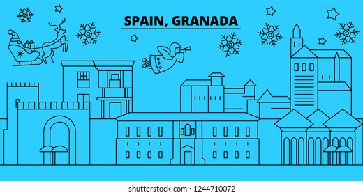 Spain, Granada winter holidays skyline. Merry Christmas, Happy New Year decorated banner with Santa Claus.Spain, Granada linear christmas city vector flat illustration
