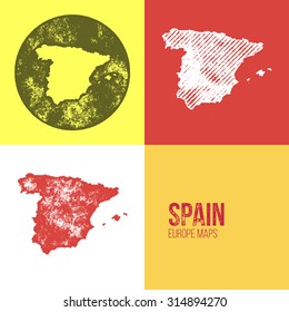 Spain Grunge Retro Map - Three silhouettes Spain maps with different unique letterpress vector textures - Infographic and geography resource