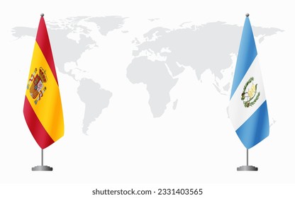 Spain and Guatemala flags for official meeting against background of world map.