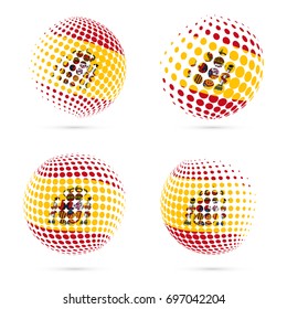 Spain halftone flag set patriotic vector design. 3D halftone sphere in national flag colors isolated on white background.