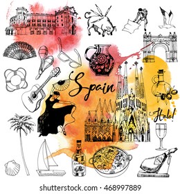 Spain. Hand drawing vector set of Spain. Watercolor texture
