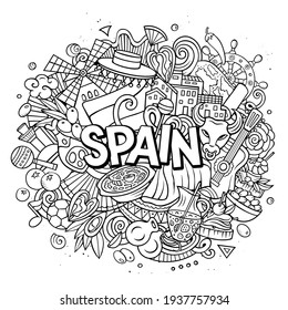 Spain hand drawn cartoon doodle illustration. Funny Spanish design. Creative art vector background. Handwritten text with elements and objects. Line art composition