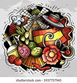 Spain hand drawn cartoon doodle illustration. Funny Spanish elements and objects design. Creative art vector background