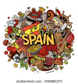 Spain hand drawn cartoon doodle illustration. Funny Spanish design. Creative art vector background. Handwritten text with elements and objects. Colorful composition