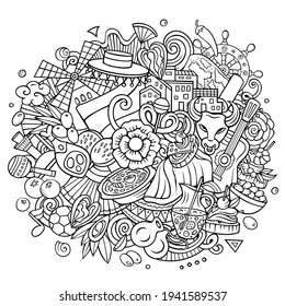 Spain hand drawn cartoon doodle illustration. Funny Spanish elements and objects design. Creative art vector background. Line art composition