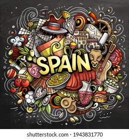 Spain hand drawn cartoon doodle illustration. Funny Spanish design. Creative art vector background. Handwritten text with elements and objects. Colorful composition