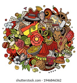Spain hand drawn cartoon doodle illustration. Funny Spanish elements and objects design. Creative art vector background. Colorful composition