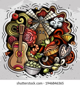 Spain hand drawn cartoon doodle illustration. Funny Spanish elements and objects design. Creative art vector background