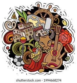 Spain hand drawn cartoon doodle illustration. Funny Spanish elements and objects design. Creative art vector background
