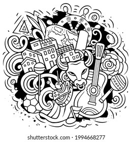 Spain hand drawn cartoon doodle illustration. Funny Spanish elements and objects design. Creative art vector background