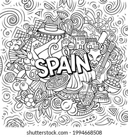 Spain hand drawn cartoon doodle illustration. Funny Spanish design. Creative art vector background. Handwritten text with elements and objects. Line art composition
